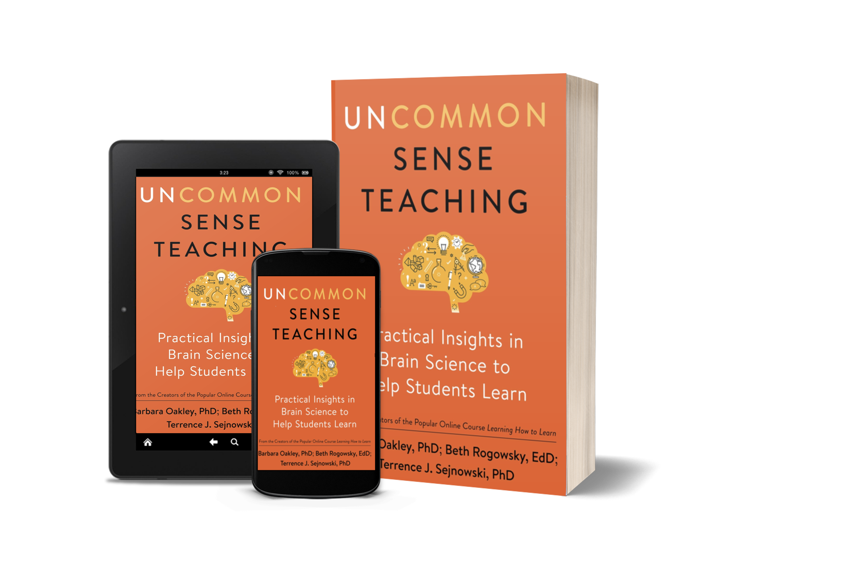 Book cover on a phone, kindle, and hard copy to show it's uses 